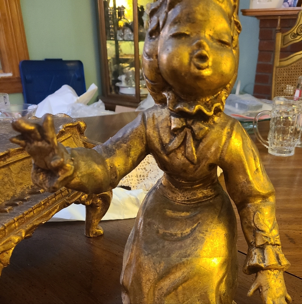 Vintage Florentine Borghese Chalkware Plaster Gold Gilded Girl Piano Figurines
